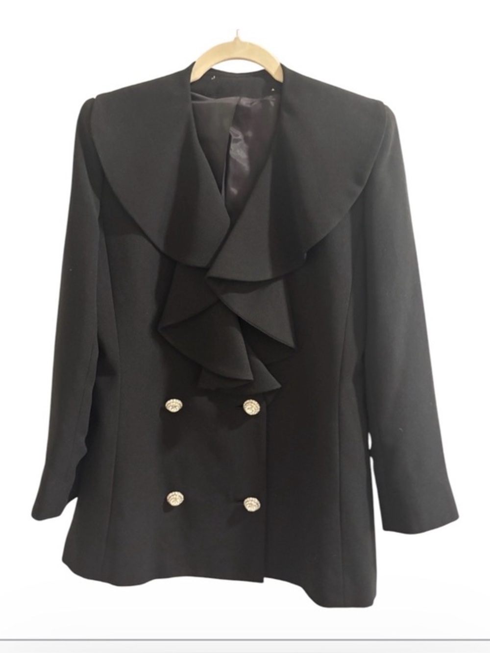 Vintage Black Double-Breasted Ruffle Lapel Blazer with Rhinestone Buttons